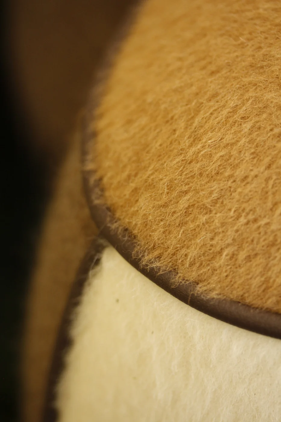 Gros plan sur la couture passepoilée entre deux pétales ocre et ivoire