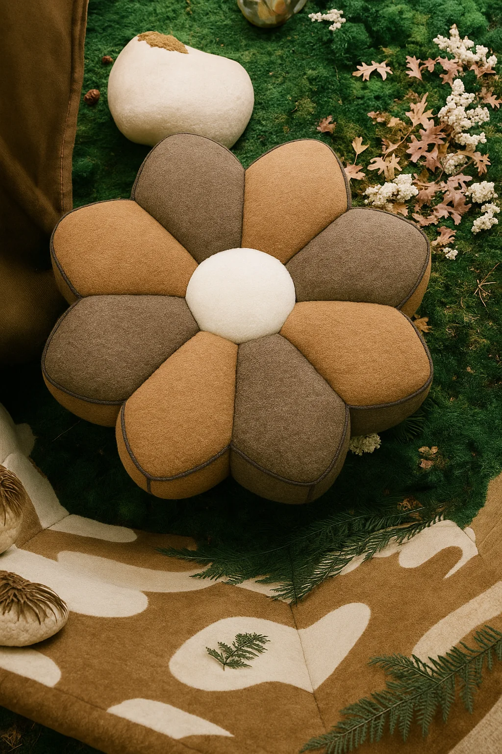 Pouf fleur Éclosion, pétales ocre et taupe, cœur ivoire