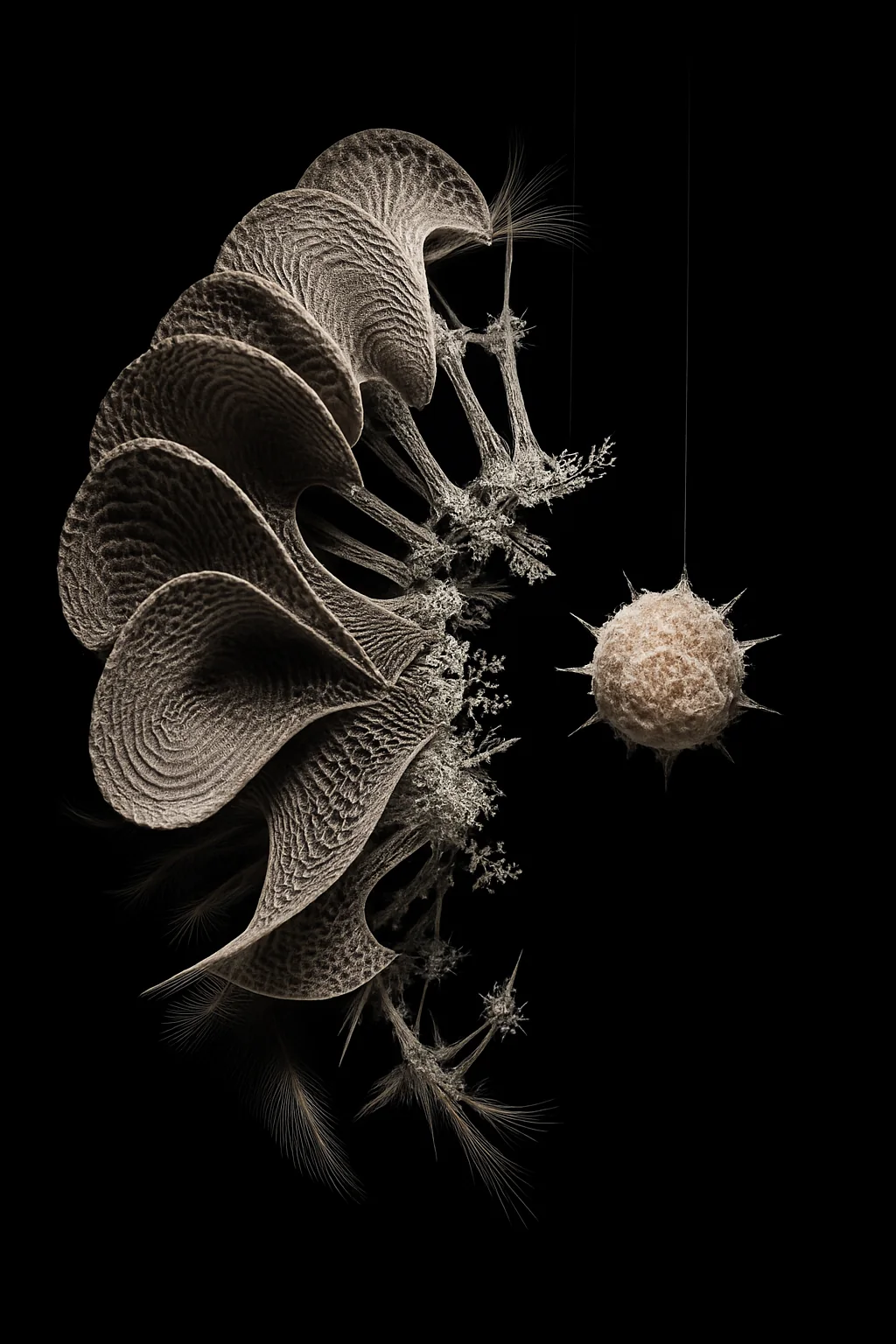 Sculpture de fibres et sphère suspendue sur fond noir