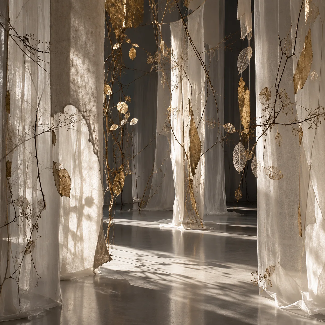 Voiles blancs et feuilles d'or suspendues